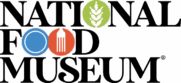 Abstract graphic with blue circle, red fork shape, and green design.