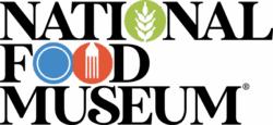 Abstract graphic with blue circle, red fork shape, and green design.