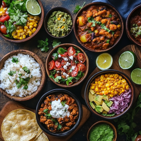 Assortment of Mexican dishes: chili, salads, rice, guacamole, and tortillas in wooden bowls.