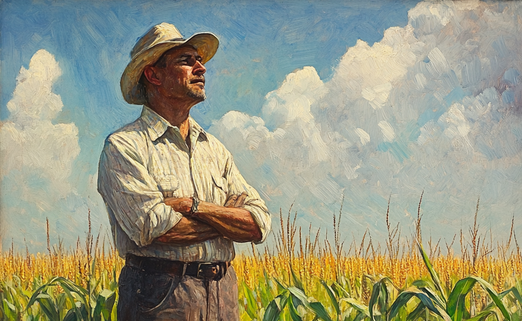 Farmer in a cornfield, arms crossed, looking at healthy crops. Sustainable farming in action.