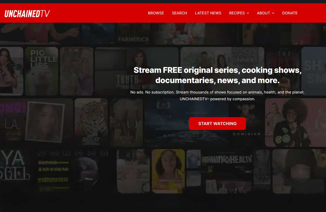 UnchainedTV streaming platform interface featuring original series, cooking shows, documentaries, and news.