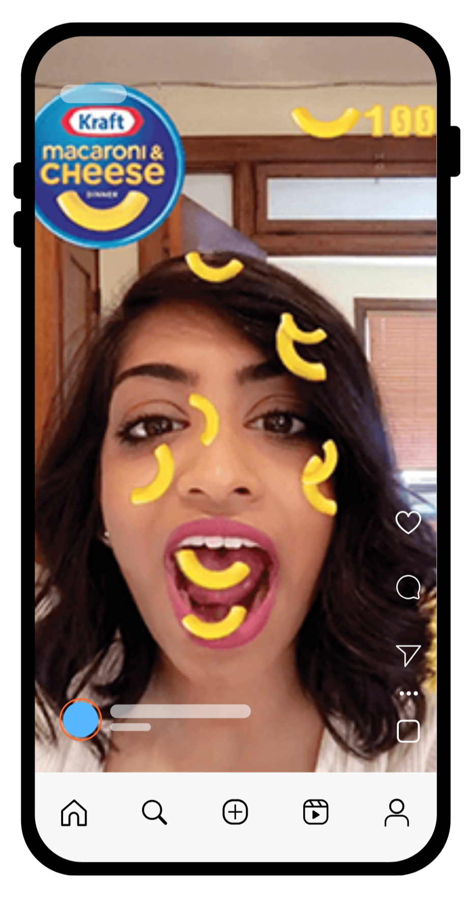 Woman playing Kraft Mac & Cheese game on phone. Kraft Macaroni & Cheese Dinner logo visible.