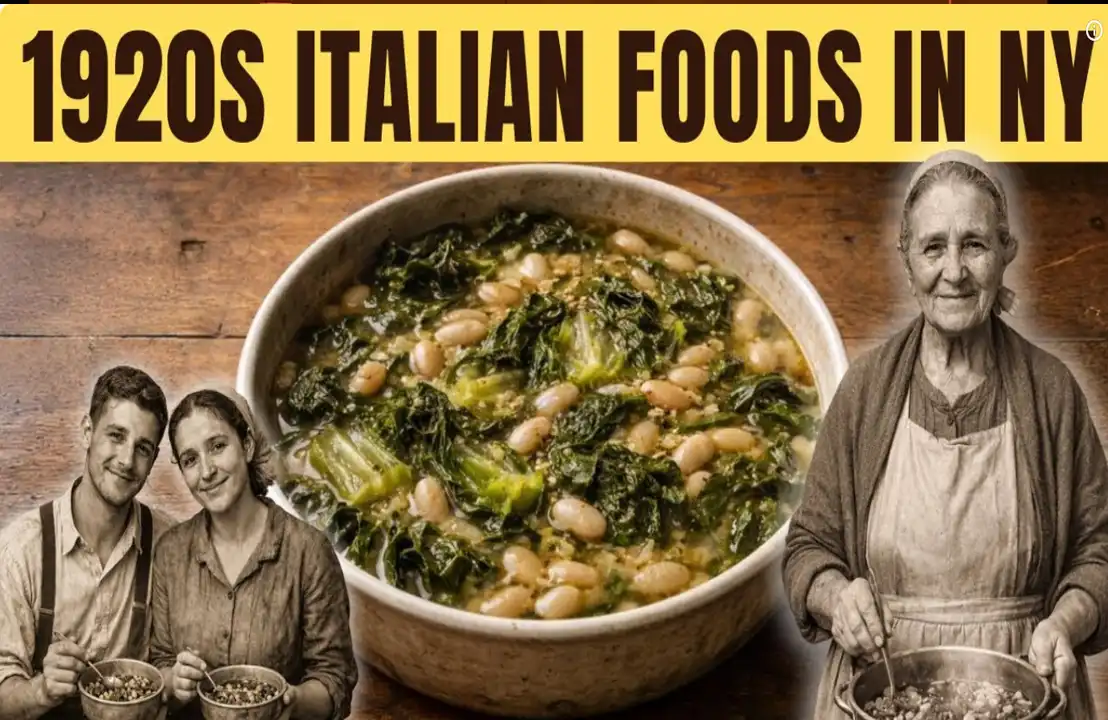 1920s Italian food: Bean and greens soup, with historical photos of people cooking and eating.
