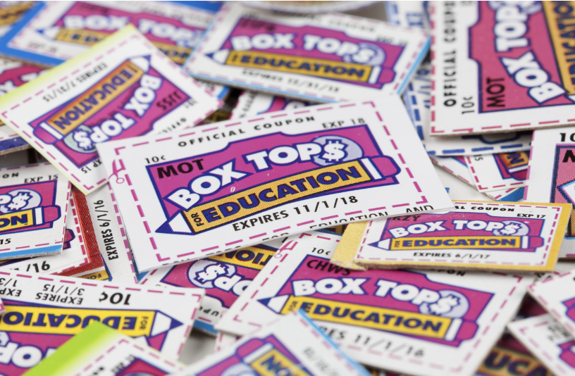 Pile of expired Box Tops for Education coupons, promoting school marketing.