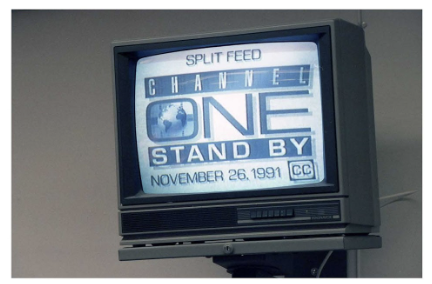 Vintage TV displaying "Channel One Stand By, November 26, 1991." School marketing concept.
