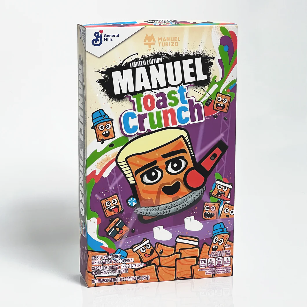 Limited Edition Manuel Toast Crunch cereal box featuring a cartoon toast character.