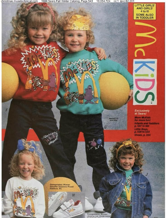 Vintage 1988 Sears catalog page featuring kids wearing McKids clothing with McDonald's logos.