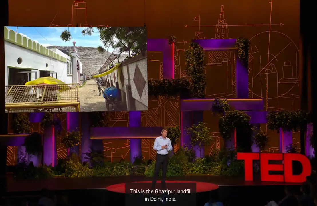 TED Talk speaker discusses the Ghazipur landfill in Delhi, India, highlighting methane emissions.