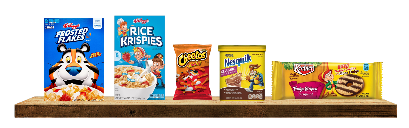 Shelf with Kellogg's Frosted Flakes, Rice Krispies, Cheetos, Nesquik, and Keebler Fudge Stripes.