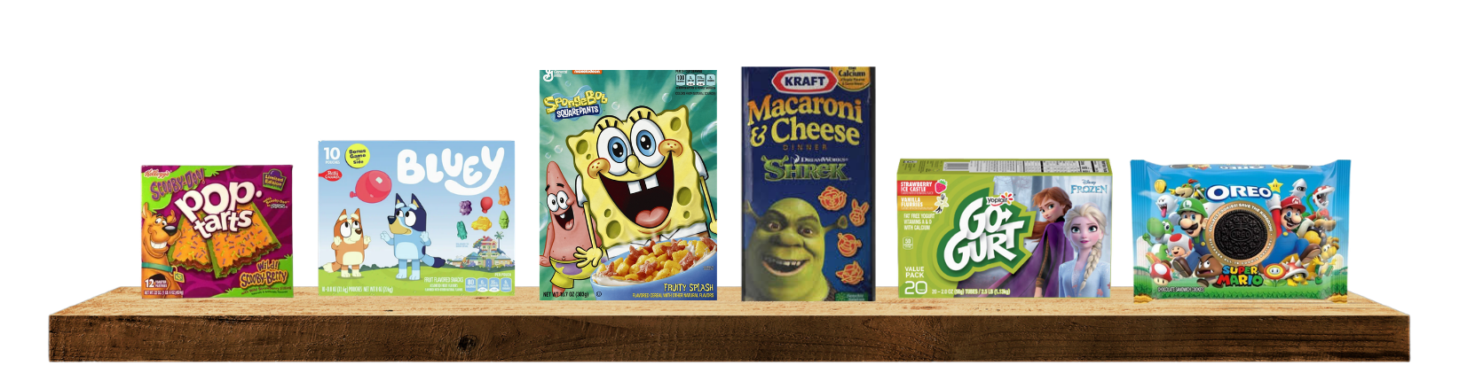 Shelf with Pop-Tarts, Bluey, SpongeBob, Shrek mac & cheese, Go-Gurt, & Super Mario Oreo cookies.