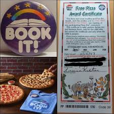 Pizza Hut BOOK IT! program: badge, certificate, t-shirt, and pizzas.