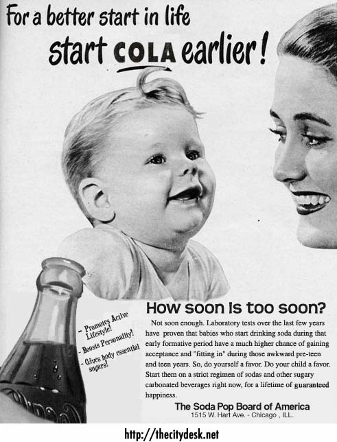 Vintage ad promoting cola for babies: "Start COLA earlier!