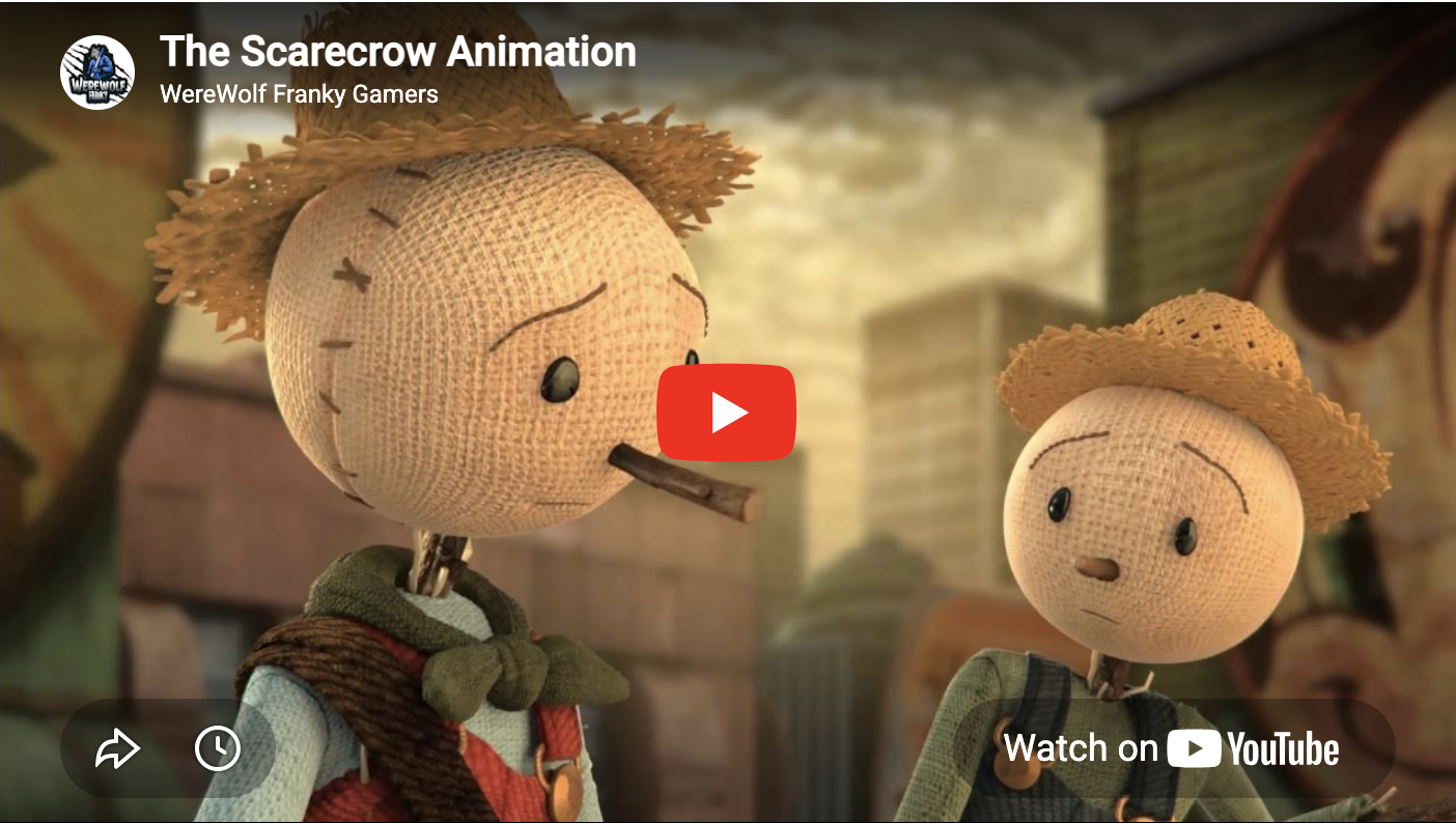 Two burlap scarecrows with straw hats, one with a twig in its mouth, in an animated scene.