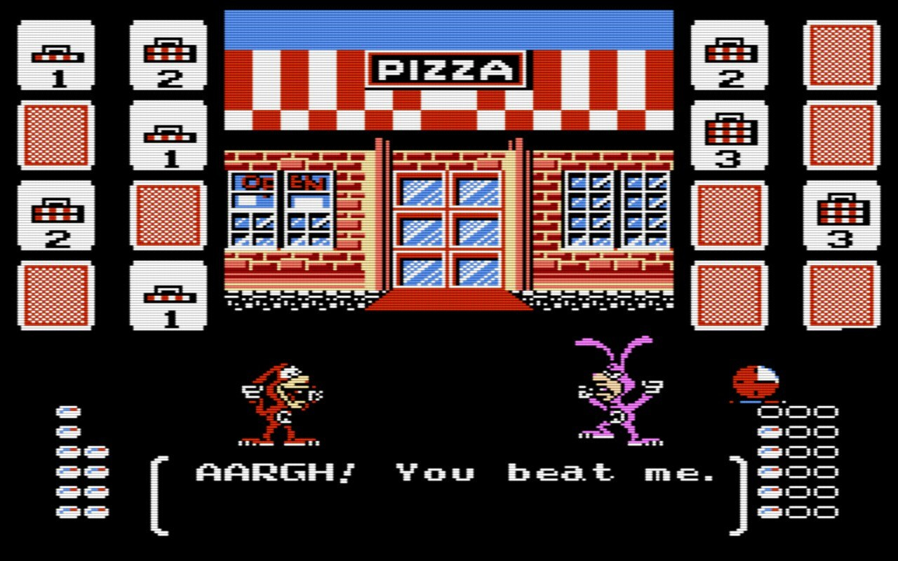 NES game screenshot: Red and purple characters exclaim "AARGH! You beat me." Pizza shop background.