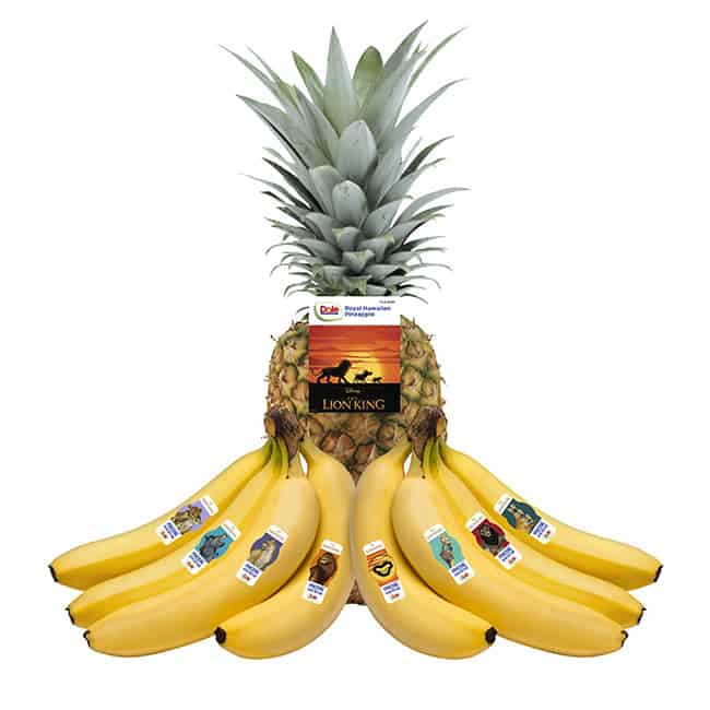 Pineapple and bananas featuring Lion King branding. Advertising healthy foods with fruit.