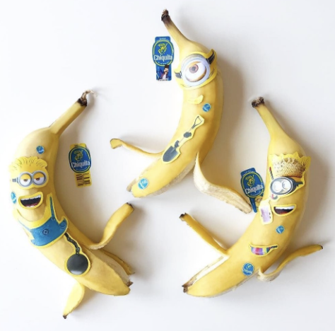 Minion bananas with Chiquita stickers, advertising healthy foods.
