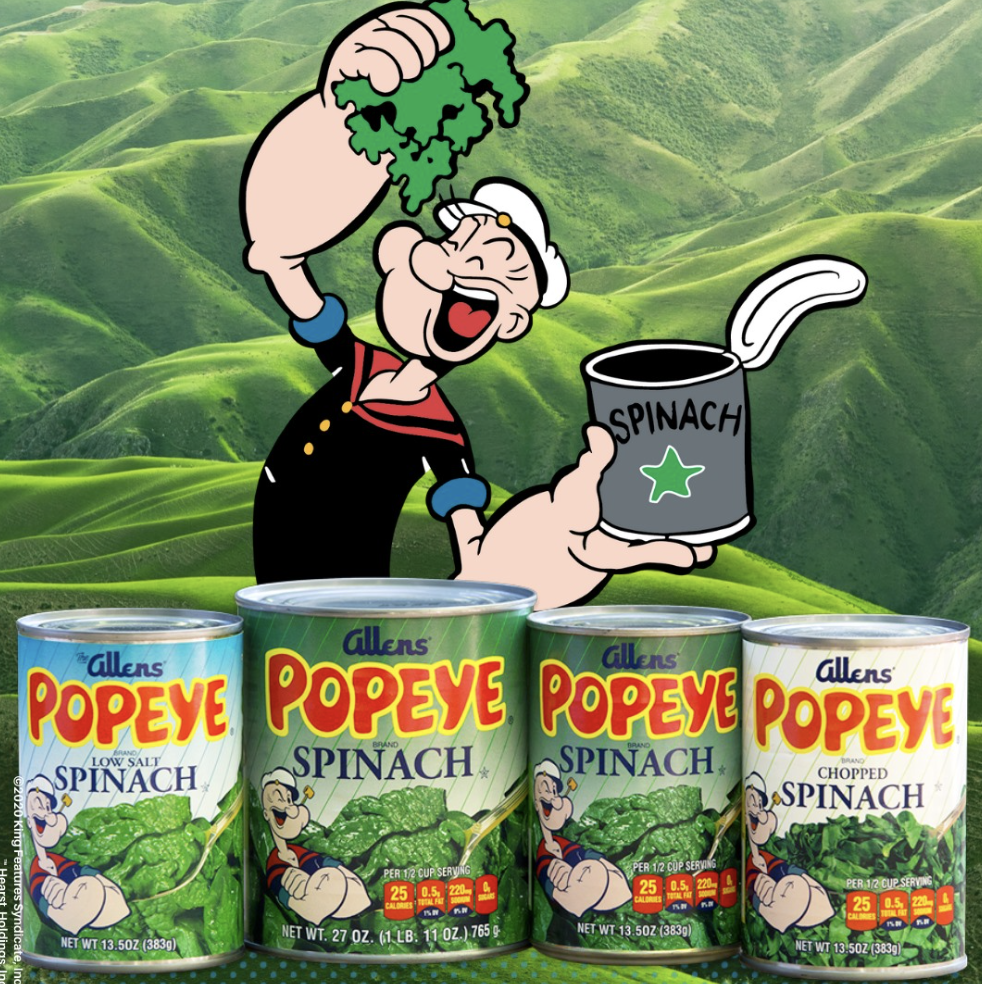 Popeye holding spinach from Allens Popeye canned spinach. Advertising healthy foods.