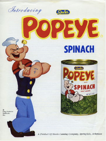 Vintage ad for Steele's Popeye Spinach, featuring Popeye the Sailor Man.