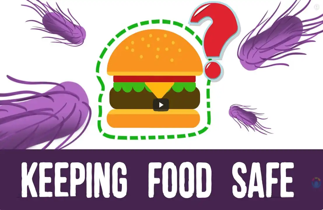 Cartoon burger with a question mark and bacteria around it, text: "Keeping Food Safe.