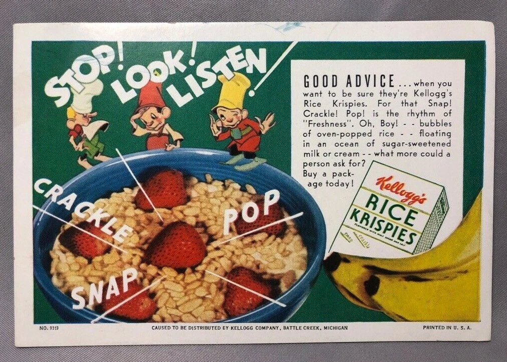 Vintage Kellogg's Rice Krispies ad: "Stop! Look! Listen!" with Snap, Crackle, Pop elves.