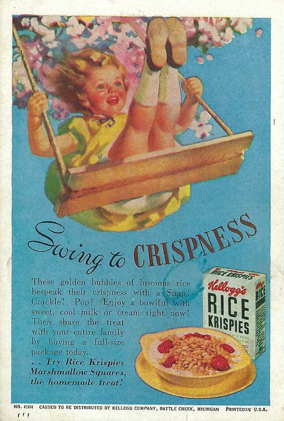 Vintage Kellogg's Rice Krispies ad featuring a girl on a swing, cereal, and the text "Swing to Crispness.