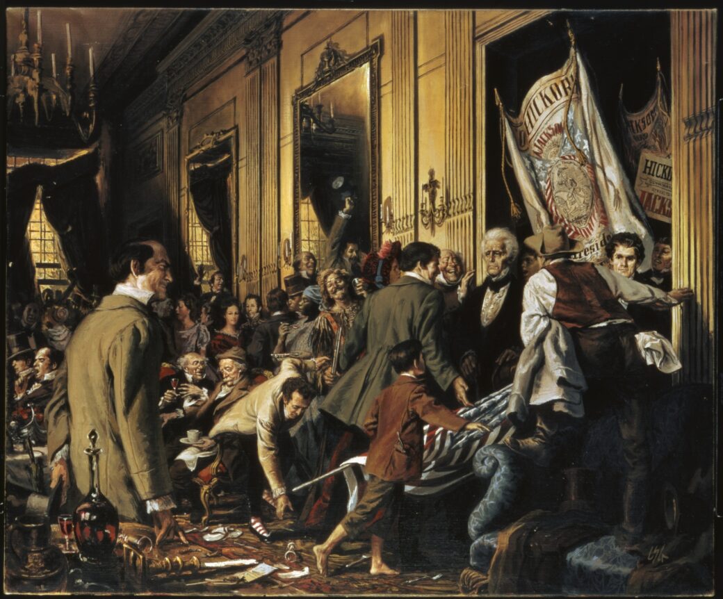Historical painting of Andrew Jackson with people and flags