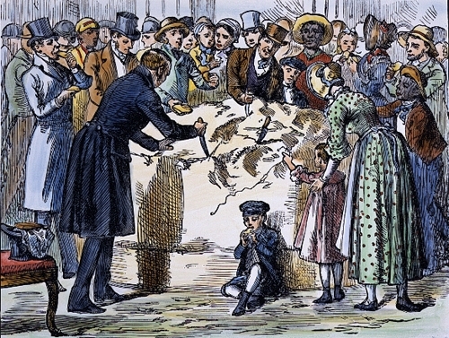 Crowd gathered to see a large block of ice being carved, possibly during Andrew Jackson's era.