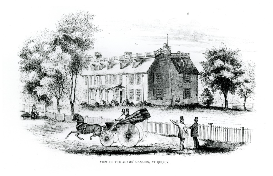 View of The Adams' Mansion at Quincy, showing a horse-drawn carriage and figures.