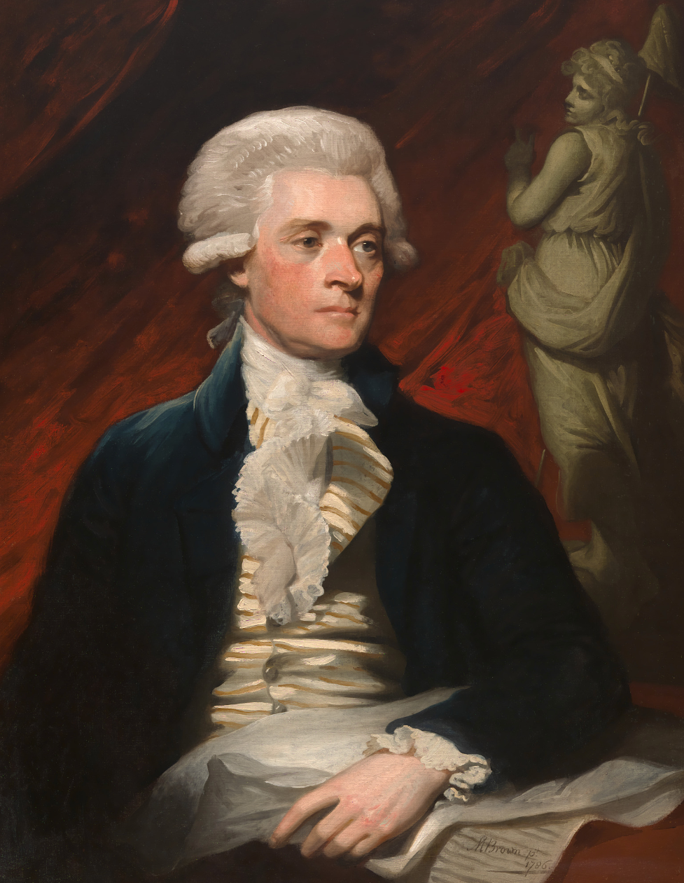 Portrait of Thomas Jefferson in a blue coat and ruffled cravat.