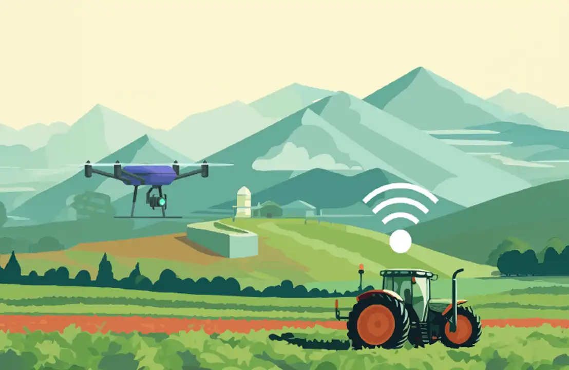 AI in agriculture: drone and tractor with Wi-Fi signal on a farm