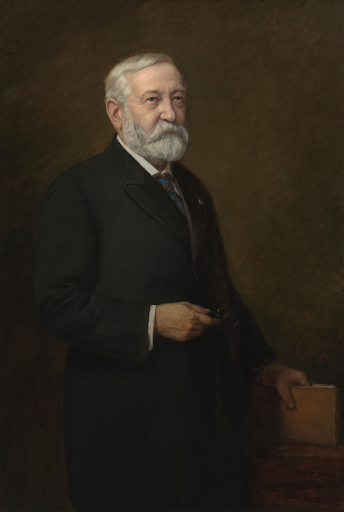 Portrait of Benjamin Harrison, 23rd US President, in a suit holding glasses.