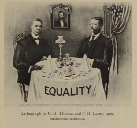 Lithograph of Booker T. Washington and Theodore Roosevelt at a table labeled "EQUALITY