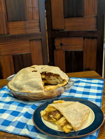 Homemade apple pie, a slice on a blue and white checkered cloth