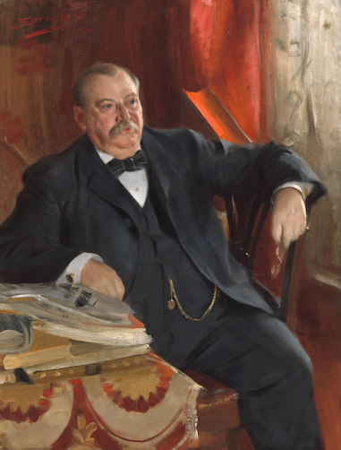 Portrait of Grover Cleveland in a suit, seated with papers.
