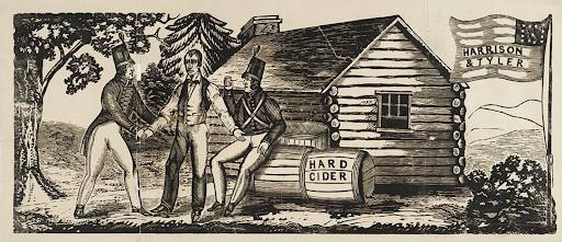 William Henry Harrison campaign banner: Log cabin, hard cider barrel, men, Harrison & Tyler flag.