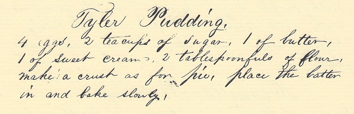 John Tyler's Pudding recipe in cursive handwriting: 4 eggs, 2 cups sugar, 1 lb butter.