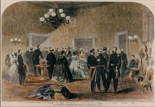 Grand reception at the White House, 1860-1861, featuring Abraham Lincoln