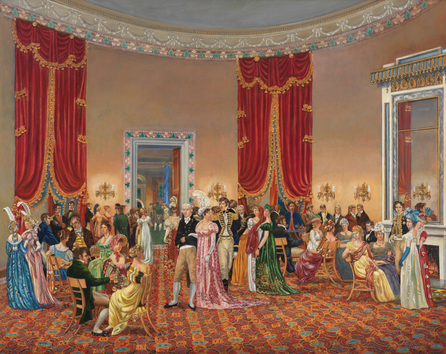 Gala in the White House during James Madison's presidency, featuring elegantly dressed attendees.