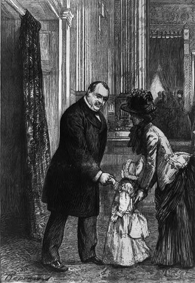 Grover Cleveland shakes hands with a child, with a woman and other figures in the background.