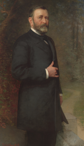 Ulysses S. Grant in a formal black suit, standing outdoors.