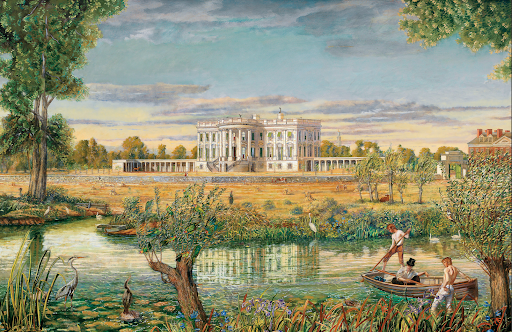 The White House in a pastoral setting with a river and boats, circa John Quincy Adams's time.