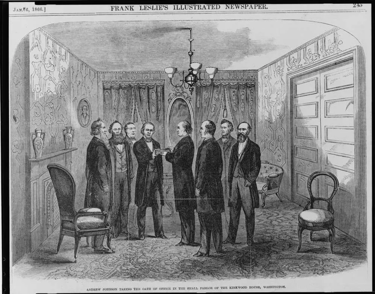 Andrew Johnson taking the oath of office in a Washington D.C. parlor, 1865.