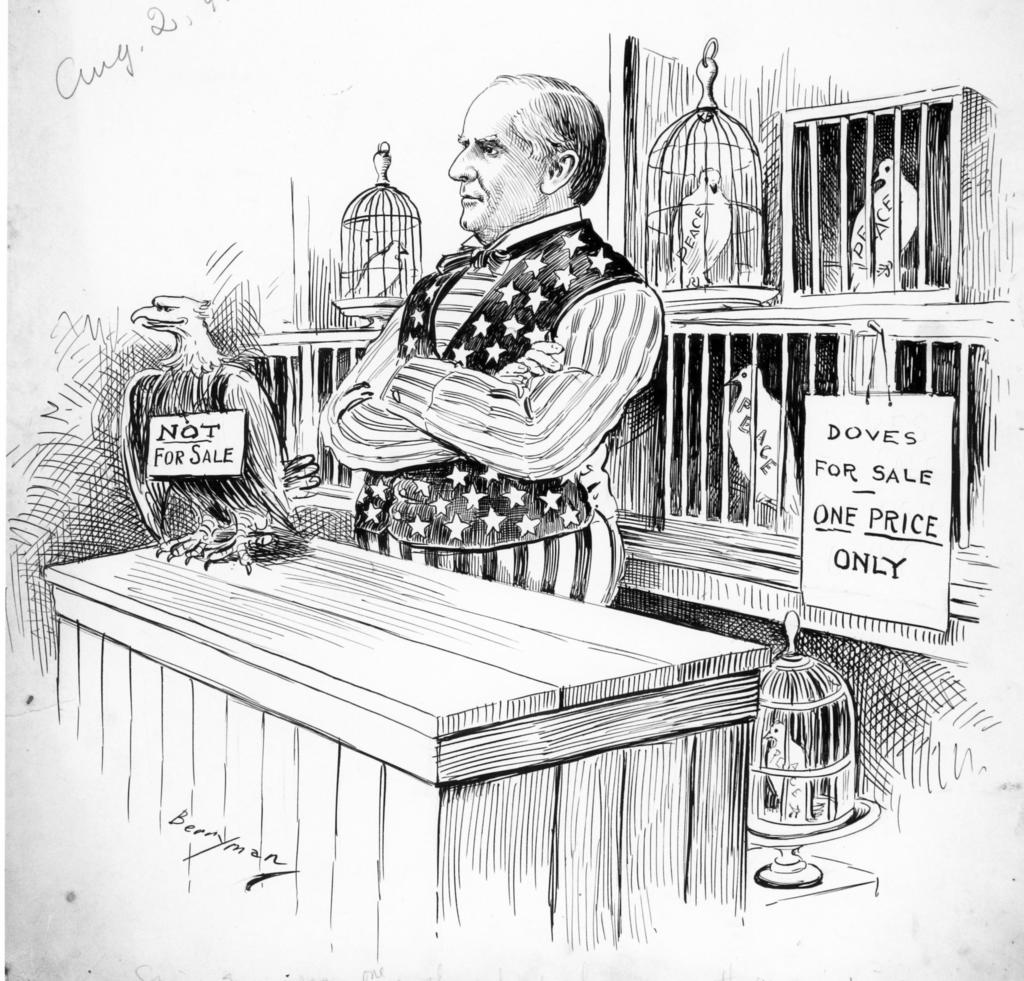 William McKinley with an eagle and doves, representing peace and war.