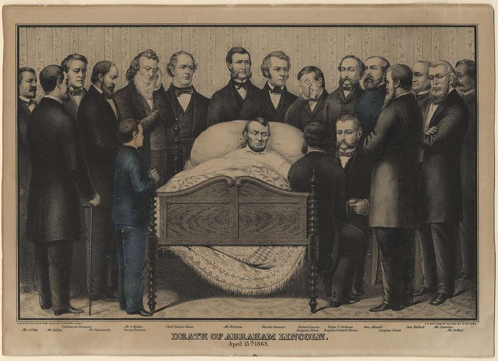 Death of Abraham Lincoln, April 15, 1865, with mourners surrounding his deathbed.