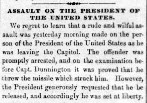 Newspaper clipping detailing an assault on President Franklin Pierce.