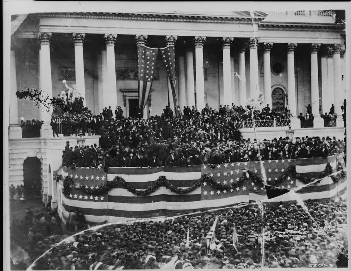 Ulysses S. Grant's inauguration ceremony on the steps of the Capitol Building.