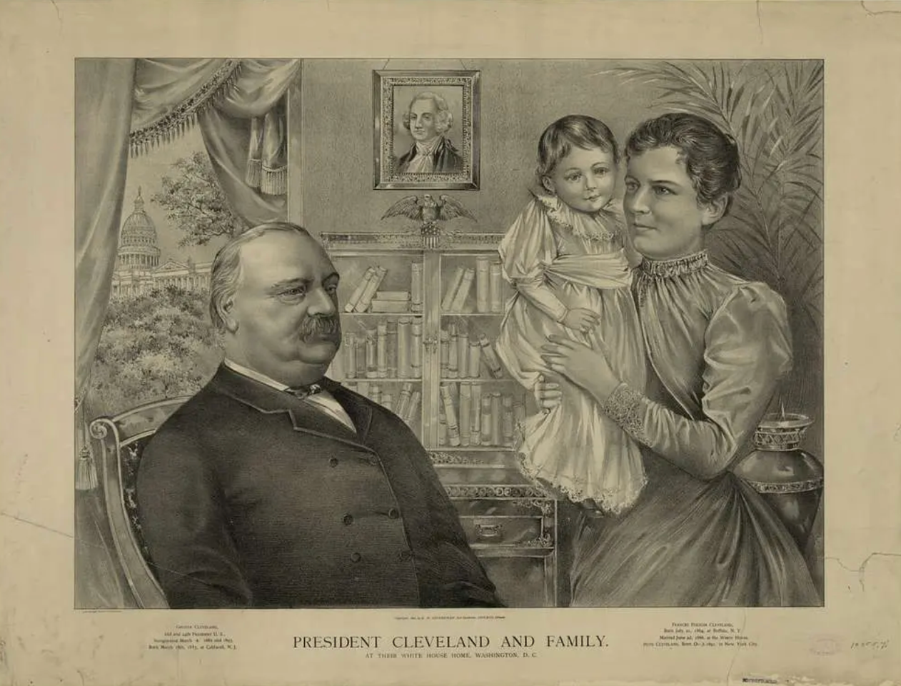 President Grover Cleveland and family portrait with Washington's portrait above