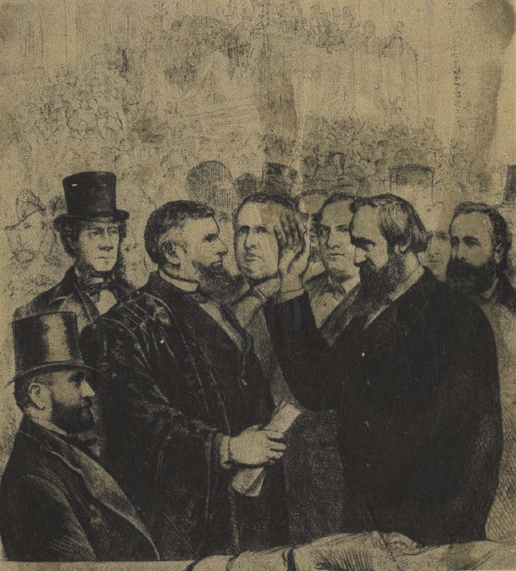 Rutherford B. Hayes's oath of office ceremony, with men in formal attire.