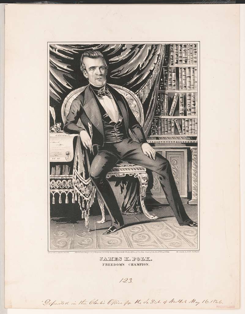 James K. Polk, Freedoms Champion, seated in a library