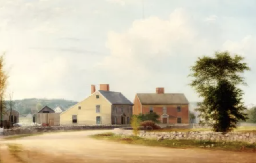 John Quincy Adams' childhood home: a yellow and red colonial house.